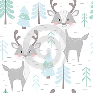 Deer baby winter seamless pattern. Cute animal in snowy forest christmas print.