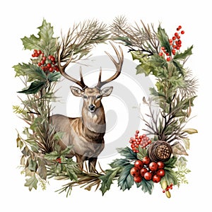 Realistic Watercolor Wildlife Clipart With Forest Wreath photo