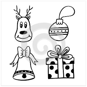 Deer and bell and Christmas tree decoration and gift box, set of simple hand drawn vector illustrations in doodle style