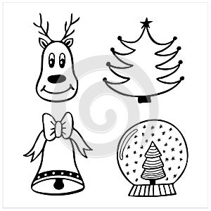 Deer and bell and Christmas tree and snow ball, set of hand drawn vector illustrations in doodle style