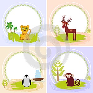 Deer, bird penguin, jaguar, leopard,, set of cards design with funny animals, template banner for your text with round