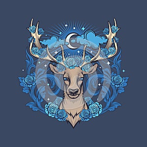 Deer with blue roses vector illustration.