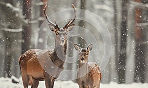 Deer Buck Stag and Doe in Snow Animal Concept