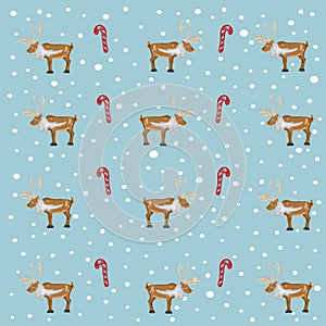 Deer and cane candy pattern on blue background