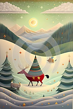 A deer is carrying a Christmas tree, and strange animals are walking among the forest. Christmas card. Surreal, abstract, bright