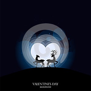 Deer couple looking at the full moon in heart shape with night sky, stars and cloud.