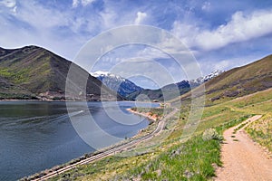 Deer Creek Reservoir Dam Trailhead hiking trail  Panoramic Landscape views by Heber, Wasatch Front Rocky Mountains. Utah, United S