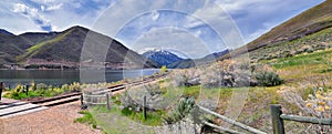 Deer Creek Reservoir Dam Trailhead hiking trail  Panoramic Landscape views by Heber, Wasatch Front Rocky Mountains. Utah, United S