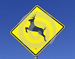 Deer crossing warning sign on empty road