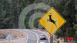 Deer crossing yellow road sign, California USA. Wild animal xing, traffic safety