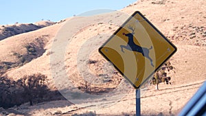 Deer crossing yellow road sign, California USA. Wild animal xing, traffic safety