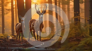 Deer and doe in the woods at sunset, in the style of photorealistic portraits, Generative AI