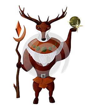 Deer druid, the forest guardian with wand and magic orb