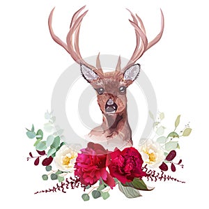 Deer and elegant autumn horizontal floral bouquet vector design objects