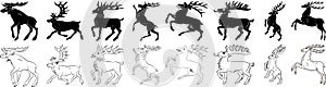 Deer and elk black and white silhouette set