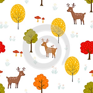 Deer family in autumn forest seamless pattern,cute cartoon animal wildlife on white background