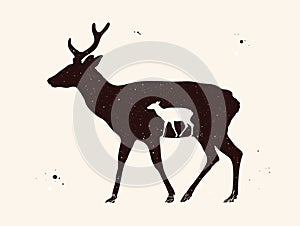 Deer family. Mother and child. Abstract animal shape. Night starry sky