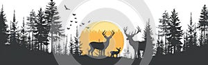 Deer Family Silhouette in Forest at Sunrise - Wildlife Adventure Hunting Landscape Vector Illustration for Logo