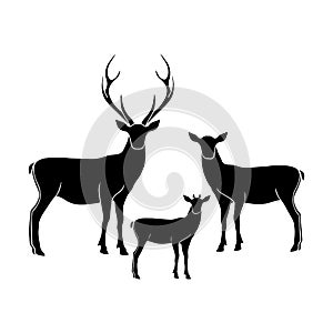 Deer family vector isolated illustration. Deer papa , deer mama and fawn isolated silhouettes.