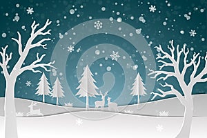 Deer family with winter snow in the night,Happy new year and Merry Christmas on paper art design