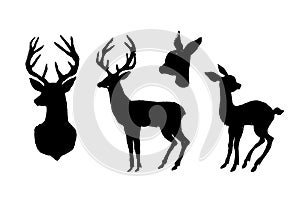 Deer and fawn. Black cut silhouette on a white background. Hand