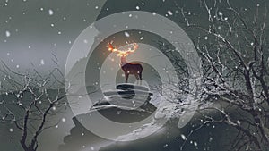 The deer with fire horns in winter