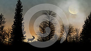 Deer in the Forest with Birds Silhouette