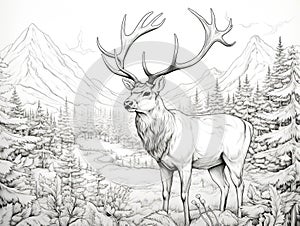 Deer in the forest. Black and white illustration for coloring book. Mountain deer. Reindeer coloring page. Stylized deer