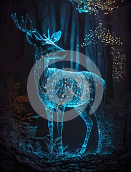Deer in the forest with blue lights. 3D rendering.