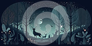 A deer in a forest at night with a full moon. Generative AI image.