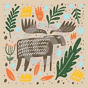Deer and forest pattern hand drawn colorful vector illustration.