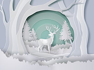 Deer in forest with snow in the winter season and Christmas