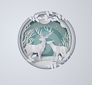 Deer in forest with snow in the winter season and christmas.vector paper art style