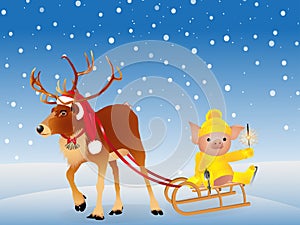 Deer in a funny Santa`s red cap. Pig in sweater on skates. 2019 Chinese New Year of the Pig. Isolated on a white background. Vecto