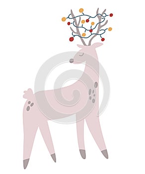 Deer with garlands on its horns. Cute animal. Merry Xmas and New Year, Happy Winter Holidays Concept. Vector cartoon hand draw