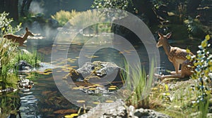 A deer grazes peacefully nearby undisturbed by the person meditating in the hot spring. The natural harmony and photo