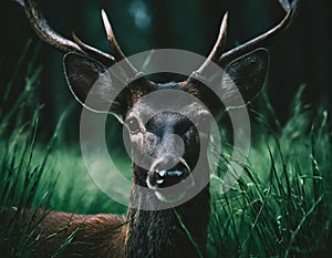 Deer in green long grass in dark forest clearing macro photography