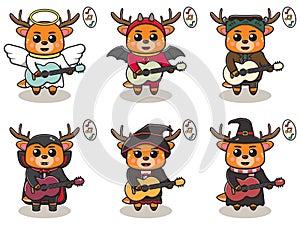 Vector illustration of cute Deer with halloween costume playing Guitar.