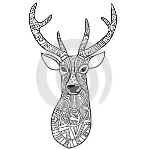 Deer. Hand-drawn reindeer with ethnic doodle pattern. Coloring page - zendala, for relaxation and meditation adults