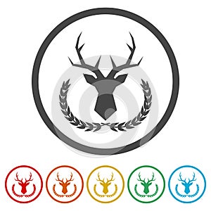 Deer head with big antlers in laurel wreath ring icon, color set