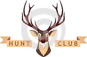 Deer Head and Brown Banner of Hunting Club Isolated in Flat Style. Vector Illustration.