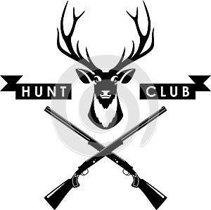 Deer Head, Crossed Hunting Rifles and Banner of Hunting Club Isolated in Flat Style. Vector Illustration.