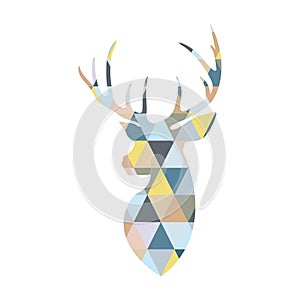 Deer head formed by triangular multicolored shapes.