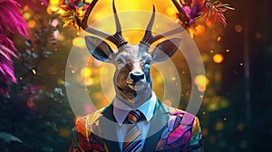 Deer head and horn wearing suit in the forest tropical DMT styles, Vivacious