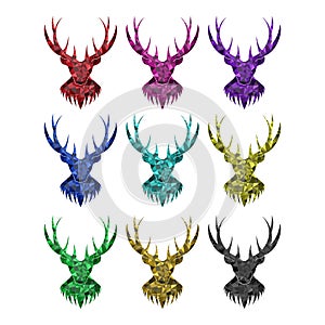 The deer head with horns on white background. Isolated image of the geometric shape.Color options.