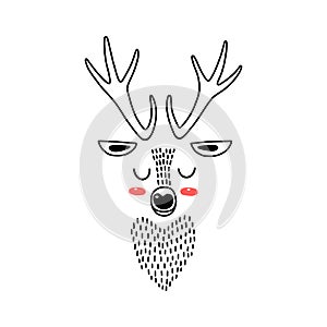 Deer head portrait. Stylized drawing reindeer in simple scandi style. Nursery scandinavian art. Black and white vector