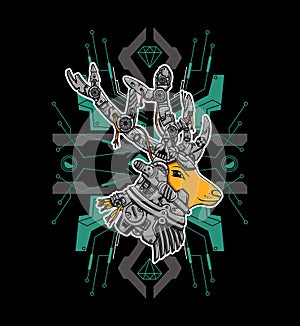 Deer head robot with a cyberpunk background