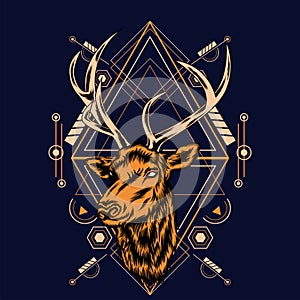 Deer head with sacred geometry pattern on black background-vector retr