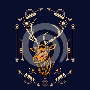 Deer head with sacred geometry pattern on black background-vector retr