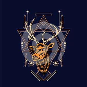 Deer head with sacred geometry pattern on black background-vector retr